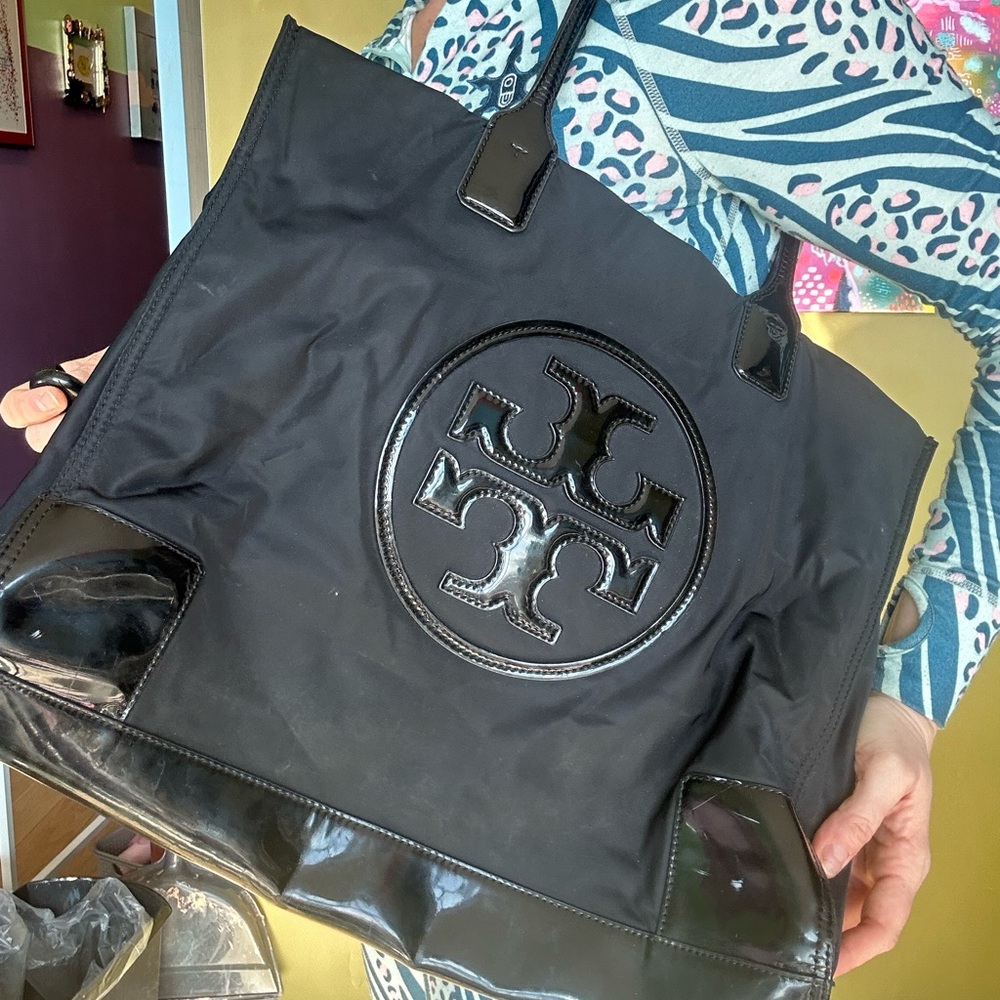Tory Burch Black Tote with Glossy Accents